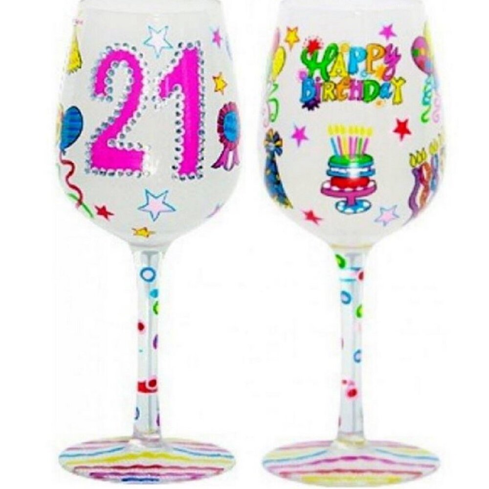 21 and It's My Birthday - Bottom's Up Hand Painted Wine Glass with Bling